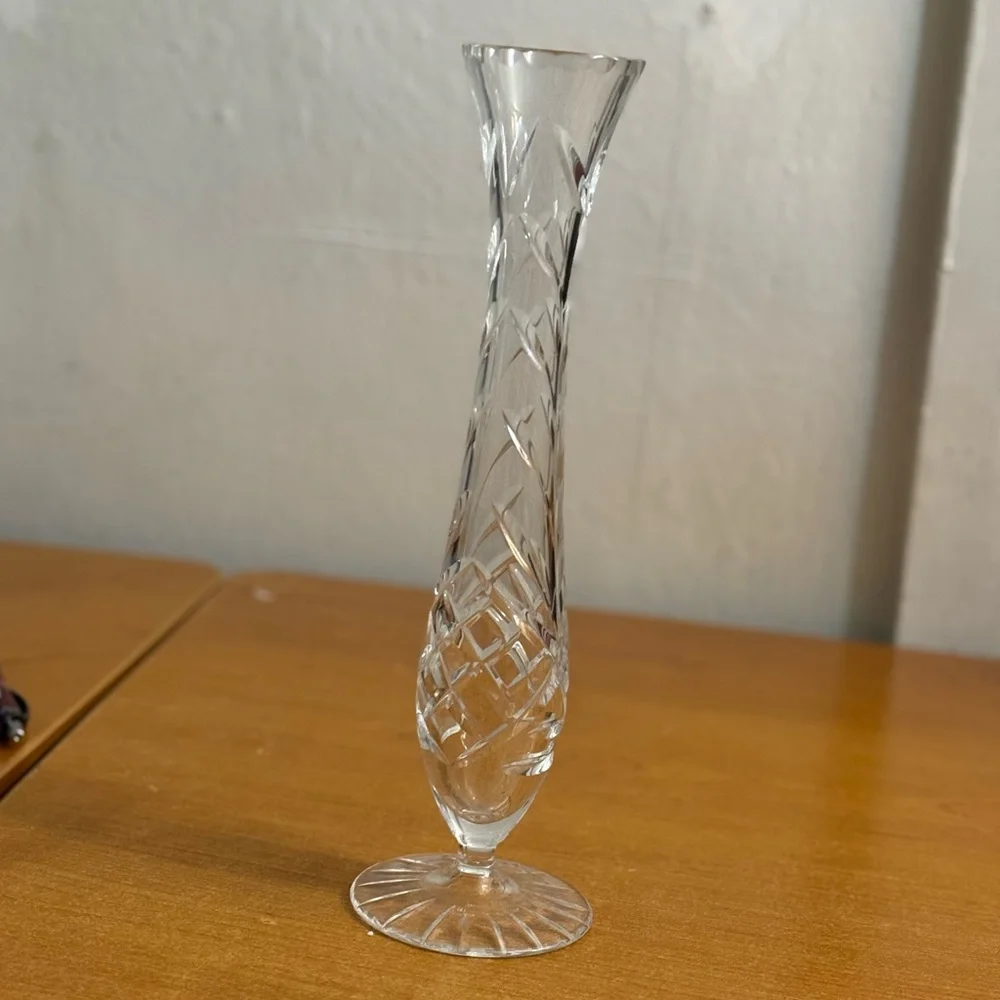 Vintage tall crystal‎ diamond point cut clear, glass bud vase